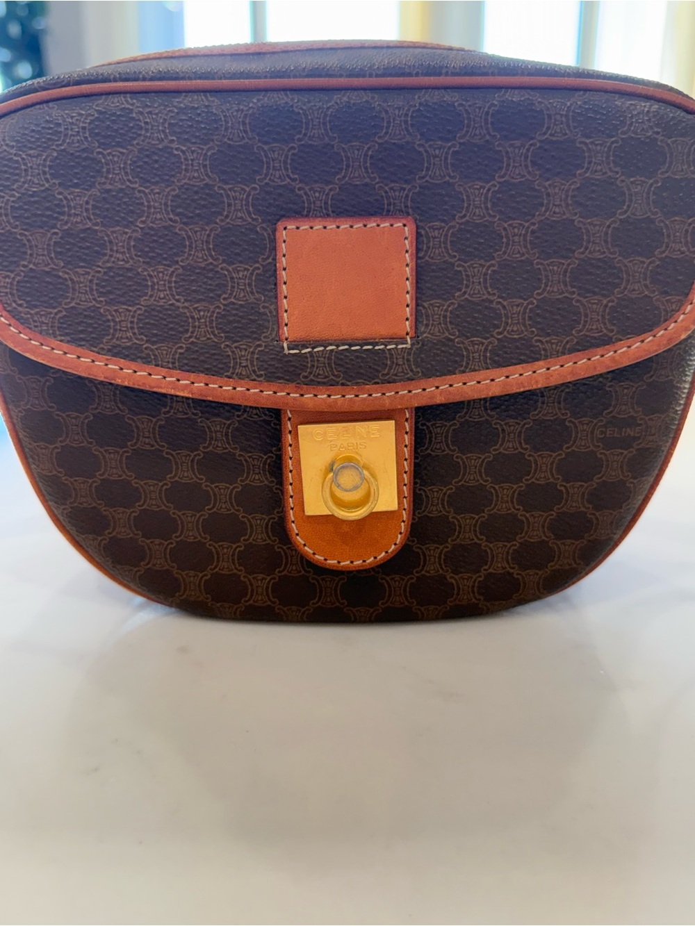 Celine Brown and Tan Triomphe Crossbody Saddle Bag